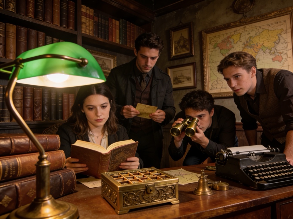 A team solving puzzles in a detective study room