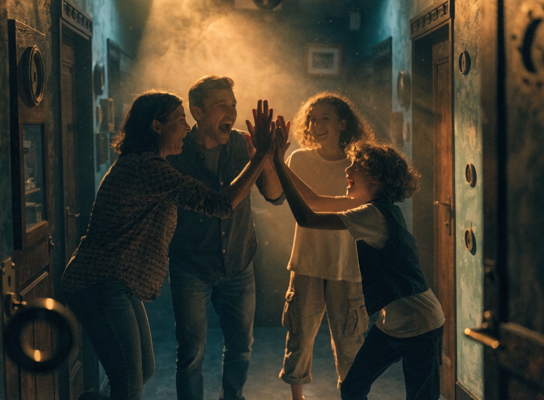 Familie feiert den Ausbruch im Escape Room