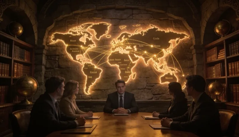 A team planning the global EscapeGame franchise network around a glowing world map