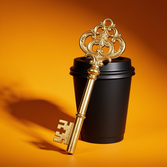 Golden key and coffee cup