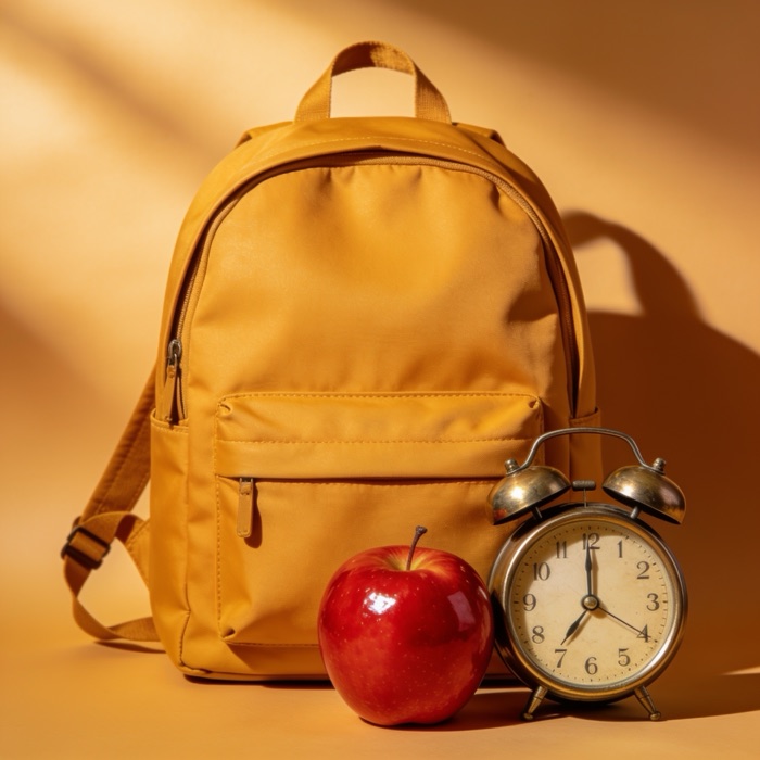 Backpack, apple and alarm clock